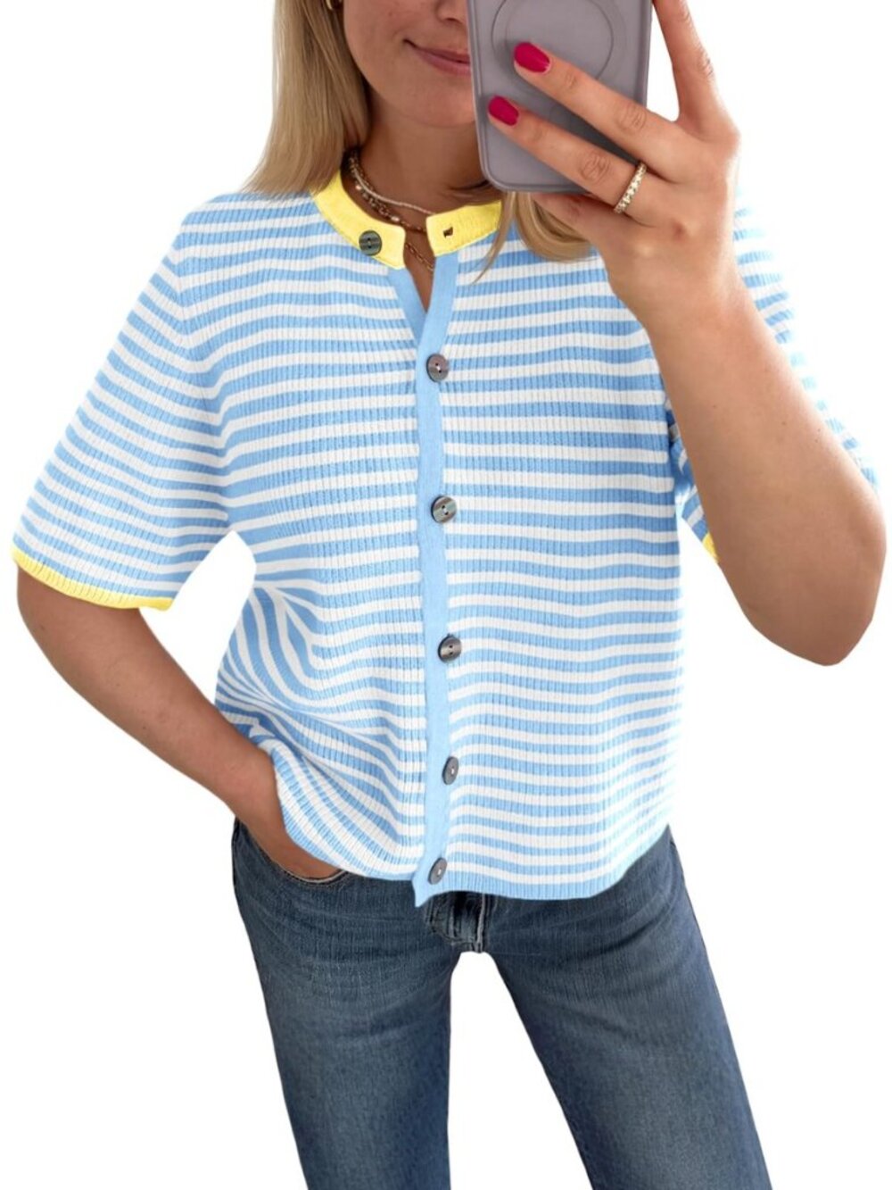 Womens Short Sleeve Cardigans Striped Button Down Sweater Tops